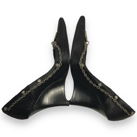 Rock & Republic Pointed Toe Fur Wrap Around Chained Logo Wedge Black Size EU 36 - Picture 9 of 15